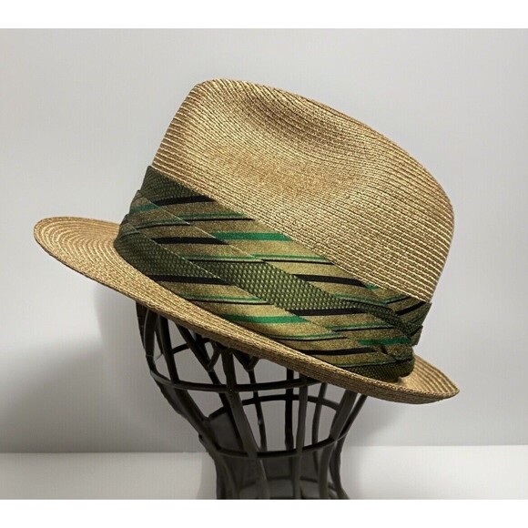 Dobbs Straw Fedora 7 1/8 Wide Green Hat Band Trilby Summer 60s Gentlemen Panama - Picture 2 of 12